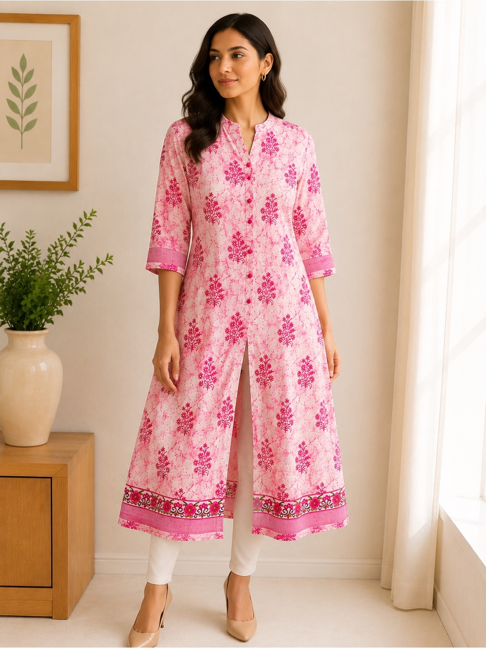 Anora Pink Floral Cotton Kurti Dress Size Medium